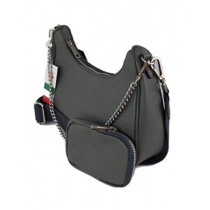 Włoska listonoszka, przewieszka ,Vera Pelle srebrne okucia ,szeroki pasek, Szara VP742G