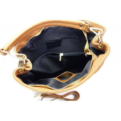 Zamszowy worek, złote okucia,dżety, kółka,  Vera Pelle pojemny Camel WK579CZ