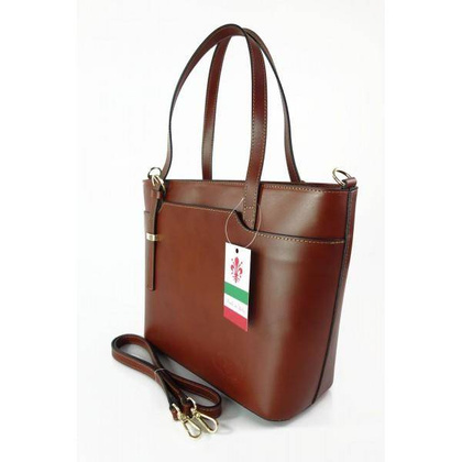 Włoska skórzana torebka na ramię Vera Pelle ,złote okucia,format A4, Brązowa GL55M