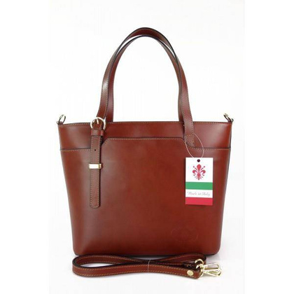 Włoska skórzana torebka na ramię Vera Pelle ,złote okucia,format A4, Brązowa GL55M