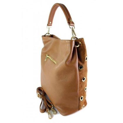 Zamszowy worek, złote okucia,dżety, kółka,  Vera Pelle pojemny Camel WK579CZ