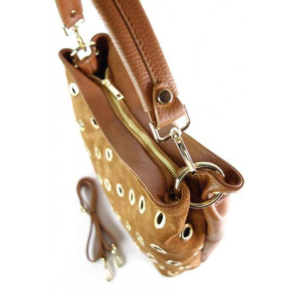 Zamszowy worek, złote okucia,dżety, kółka,  Vera Pelle pojemny Camel WK579CZ