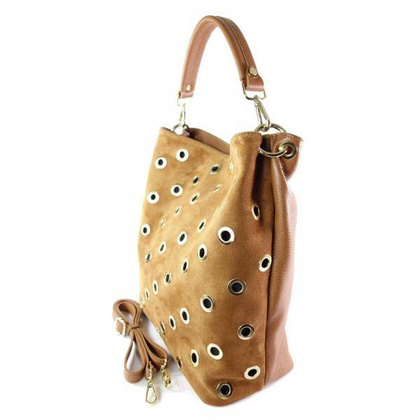 Zamszowy worek, złote okucia,dżety, kółka,  Vera Pelle pojemny Camel WK579CZ