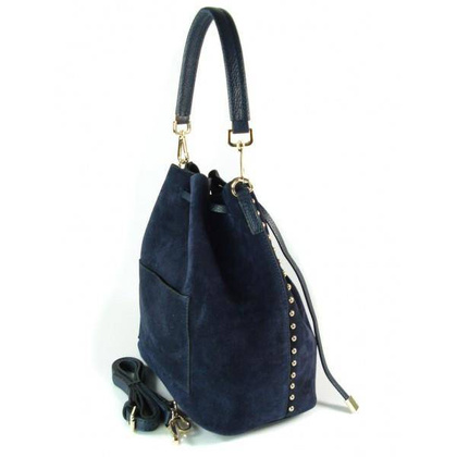 Duży zamszowy skórzany worek na ramię złote okucia dzety granatowy MK46BS