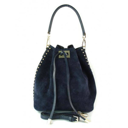 Duży zamszowy skórzany worek na ramię złote okucia dzety granatowy MK46BS