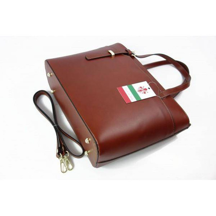 Włoska skórzana torebka na ramię Vera Pelle ,złote okucia,format A4, Brązowa GL55M