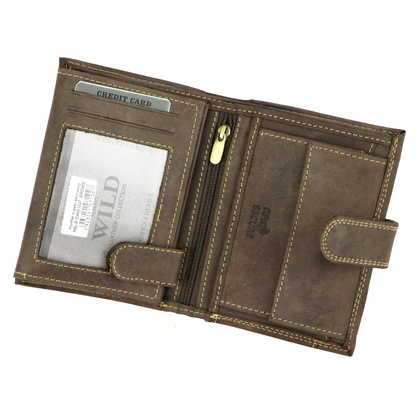 Pionowy, zapinany portfel męski z zewnętrzną kieszonką na kartę