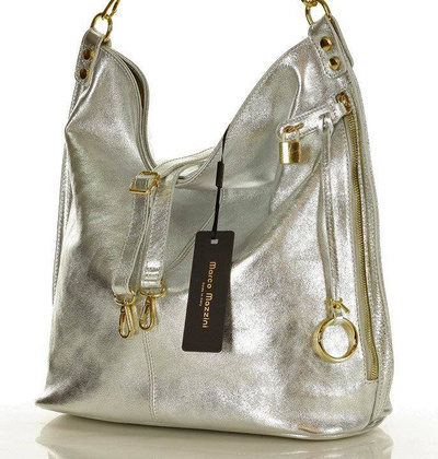 Ponadczasowa torebka worek skórzana MAZZINI - Renella srebrny - min. zamówienie 20 / 50 / 100 szt.