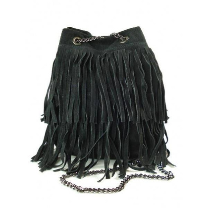 ZAMSZOWA LISTONOSZKA WOREK  FRĘDZLE  WŁOSKA SKÓRZANA CZARNA TOREBKA  WL45N