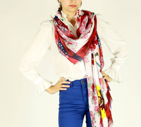 Szal damski apaszka kwiaty miękka bawełna na ramiona i pod szyję MAZZINI czerwona - min. zamówienie 20 / 50 / 100 szt.