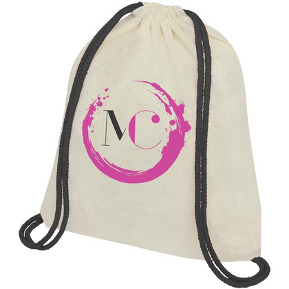 Plecak Oregon ściągany sznurkiem z kolorowymi sznureczkami, wykonany z bawełny o gramaturze 100 g/m²