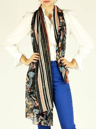 Szal apaszka damska kwiaty liście MAZZINI czarny - min. zamówienie 20 / 50 / 100 szt.