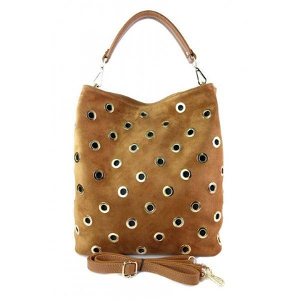 Zamszowy worek, złote okucia,dżety, kółka,  Vera Pelle pojemny Camel WK579CZ