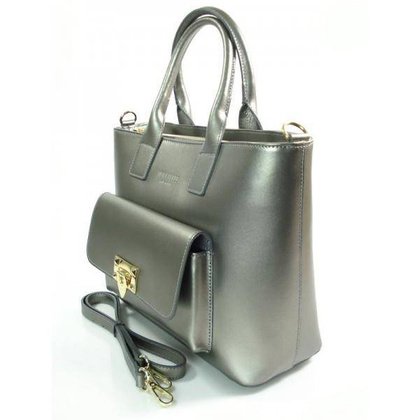 Kuferek złote okucia pojemny A4 Włoska torba do ręki Vera Pelle Ciemne Srebro K415A KEMER