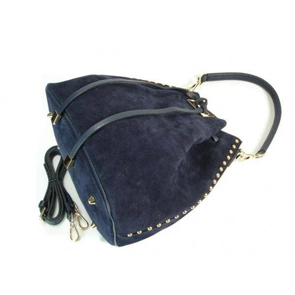 Duży zamszowy skórzany worek na ramię złote okucia dzety granatowy MK46BS