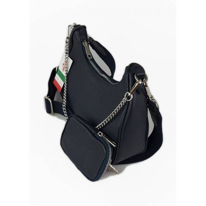 Włoska listonoszka, przewieszka ,Vera Pelle srebrne okucia ,szeroki pasek, Granatowa VP742BS