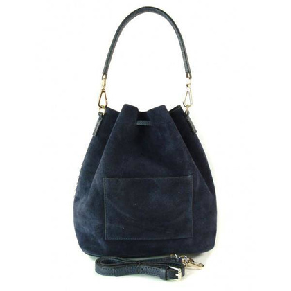 Duży zamszowy skórzany worek na ramię złote okucia dzety granatowy MK46BS