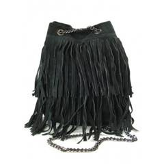 ZAMSZOWA LISTONOSZKA WOREK  FRĘDZLE  WŁOSKA SKÓRZANA CZARNA TOREBKA  WL45N