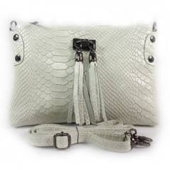 Skórzana włoska listonoszka ,wężowa skórka,frędzelki  szara  LP149G