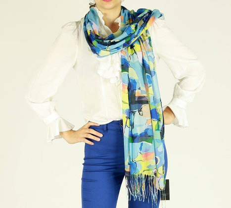 Szal damski z frędzlem granatowy kolorowy MAZZINI - min. zamówienie 20 / 50 / 100 szt.